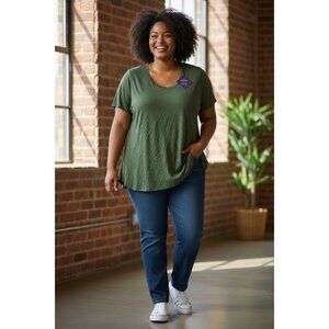 Ava & Viv Womens Plus Size Green Round Neck Short Sleeve Shirt Relaxed Fit 2X